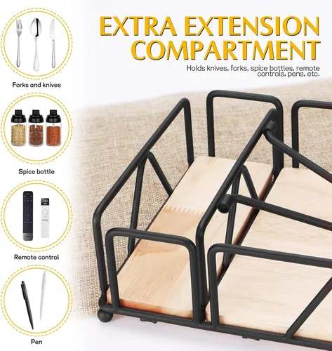 Miniatura 4 de Servilleteros para servilletas de papel, servilletero plano con base de madera, cesta de servilletas de acero inoxidable negro para cocina, fiesta