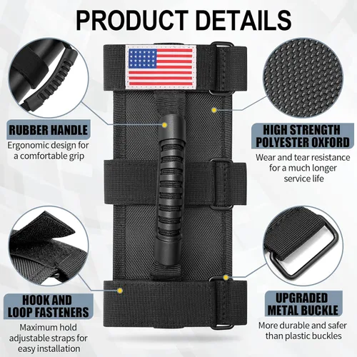 Miniatura 7 de moveland Asas de agarre de barra enrollable con bandera de Estados Unidos, 2 asas de agarre para accesorios Jeep Wrangler JL, JK, TJ, YJ y Jeep Negro