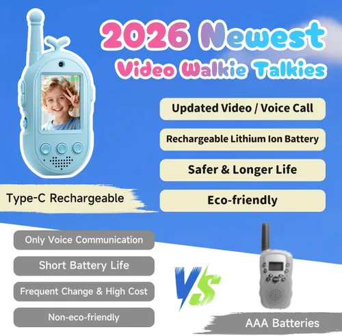Miniatura 2 de Walkie Talkies de video mejorados para niños, paquete de 2 unidades recargables de voz/videollamadas para niños, juguetes para interiores, Azul/Azul