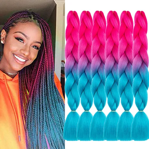 Miniatura 39 de 3 paquetes de extensiones de cabello sintético para trenzar de color negro a azul, tamaño jumbo ombré, de 24 pulgadas o trenzas de ganchillo
