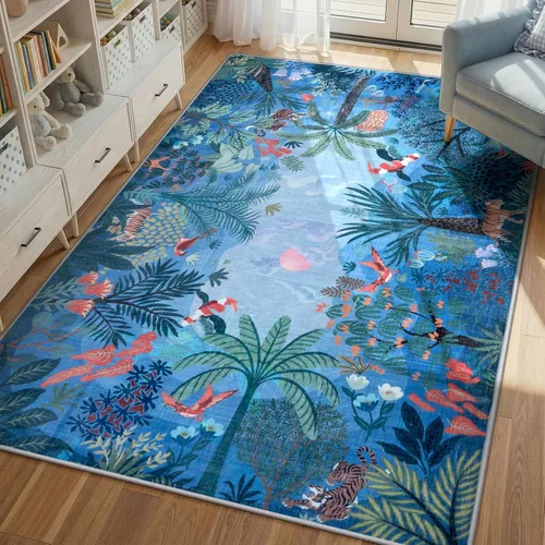 Miniatura 8 de LIVEBOX Alfombra lavable con estampado de animales de la jungla de 5 x 7 pies en azul para sala de estar, alfombras antideslizantes para dormitorio