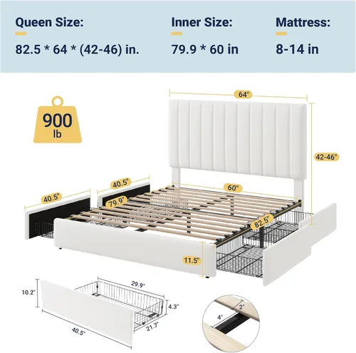 Miniatura 2 de Allewie Base de cama de almacenamiento tamaño Queen, cabecera ajustable capitoné de canal vertical, plataforma tapizada de terciopelo con 4 cajones