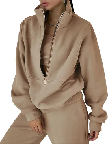 Miniatura 13 de PEHMEA Conjunto deportivo de 2 piezas de otoño para mujer, con forro polar, holgado, manga larga, media cremallera, cómodo conjunto de descanso