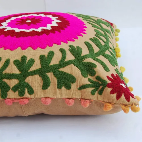 Miniatura 5 de Almohada tradicional Jaipur Boho Suzani, funda de cojín bordada de 16 x 16 pulgadas, funda de almohada decorativa, cojines indios con pompones