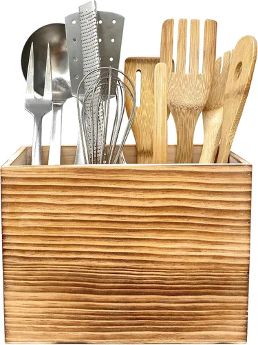 Miniatura 6 de Soporte de utensilios de madera para encimera de cocina, organizador grande de utensilios de 2 compartimentos para encimera, soporte de herramientas