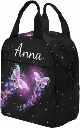 Miniatura 4 de InterestPrint Bolsa de almuerzo con nombre personalizado para hombres y mujeres, diseño de mariposa rosa y azul personalizada, caja de almuerzo