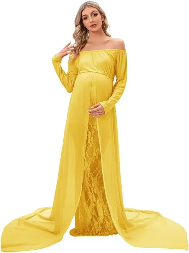 ZIUMUDY Vestido de sesión de fotos de maternidad de manga larga con hombros descubiertos, vestido de encaje ajustado con capa larga de gasa trian