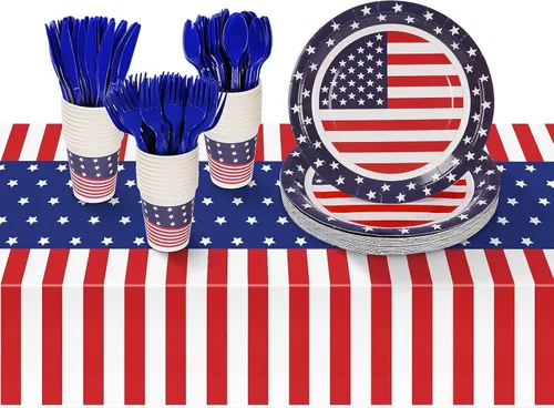 Miniatura 8 de Childom Suministros para fiesta patriótica, juego de 152 piezas de fiesta temática de bandera estadounidense, decoraciones de fiesta patriótica