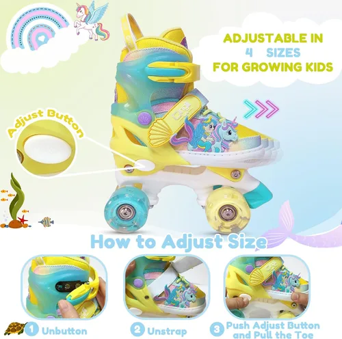 Miniatura 5 de Patines de ruedas para niñas de 3 a 12 años, patines ajustables con luz para niños pequeños, principiantes, unicornio, sirena, arco iris, regalo