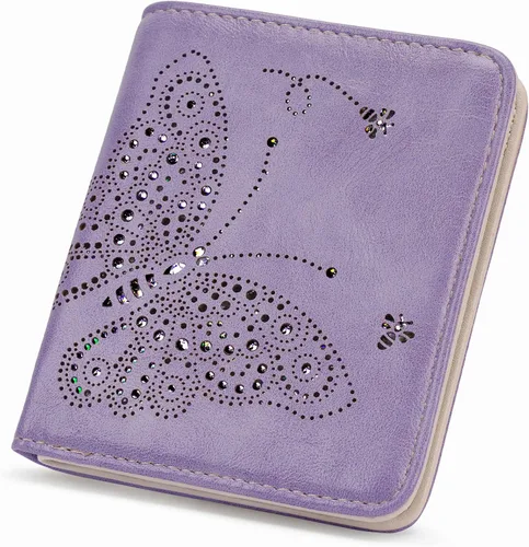 Miniatura 16 de KITEVIUN Pequeña cartera RFID para mujer, ultrafina, delgada, mini, compacta, plegable, con bolsillo, para mujer, púrpura (01-purple)