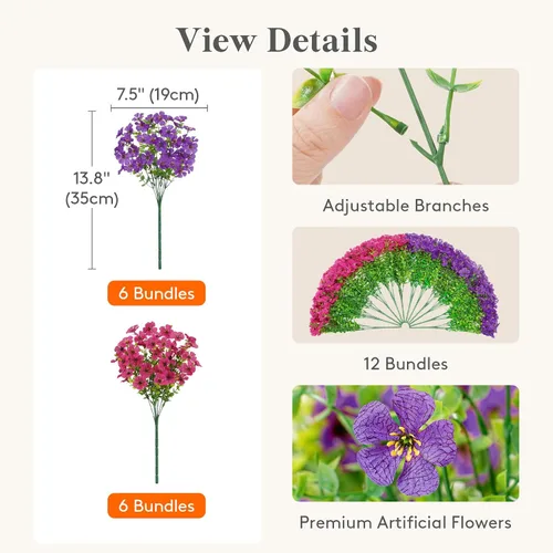 Miniatura 2 de Lifewit Flores artificiales para interiores y exteriores, 12 paquetes de flores falsas de plástico con hojas de eucalipto para decoración del jardín