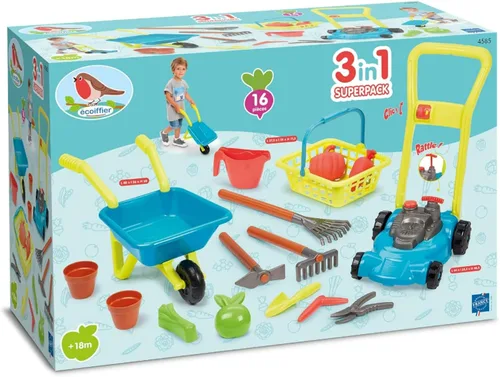Miniatura 2 de Ecoiffier 4585 Super Garden Pack 3 en 1: Cortacésped, carretilla, cesta y accesorios de jardinería, herramientas de jardín para niños a partir de 18