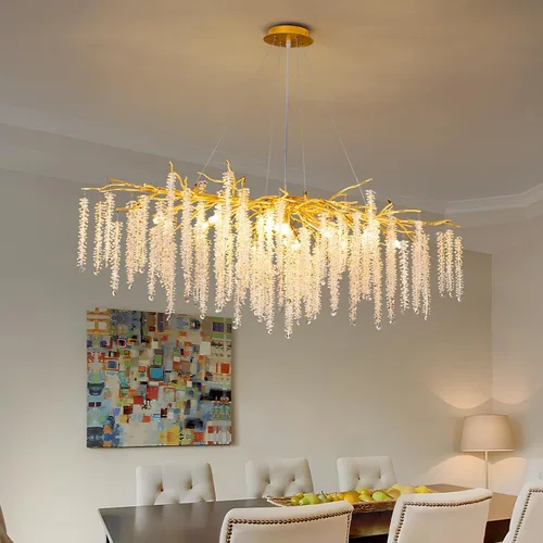 Miniatura 22 de Candelabro de Cristal Rama de Árbol Dorado Gota de Lluvia Redonda Lámpara Colgante con Borla Luminaria de Techo Colgante para Dormitorio Sala