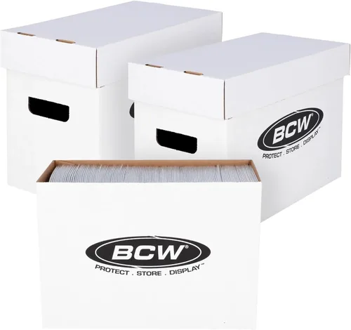 BCW Caja de almacenamiento de cómics corta, paquete de 3, capacidad para 150-175 cómics actuales/de la era plateada, apilable, duradera, de 200