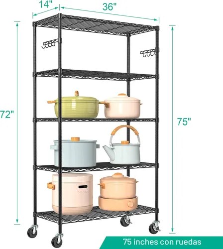 Miniatura 3 de Folews Estantes de almacenamiento de 5 niveles con ruedas – Estantería de alambre ajustable, estantes de metal para almacenamiento, estante