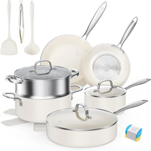 Miniatura 9 de PekGema - Juego de ollas y sartenes de cerámica, juego de 16 piezas de artículos de cocina antiadherentes, no tóxicos, aptos para horno
