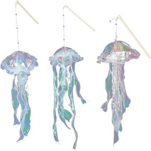 GANAZONO Farol de medusa de mano, paquete de 3 con postes, luz nocturna decorativa para fiesta de dormitorio con brillo iridiscente colorido y forma