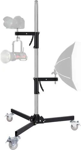 Soporte de luz resistente con ruedas, soporte de agarre de pistola de fotografía con ruedas con 2 empuñaduras, soporte de luz de acero ajustable de