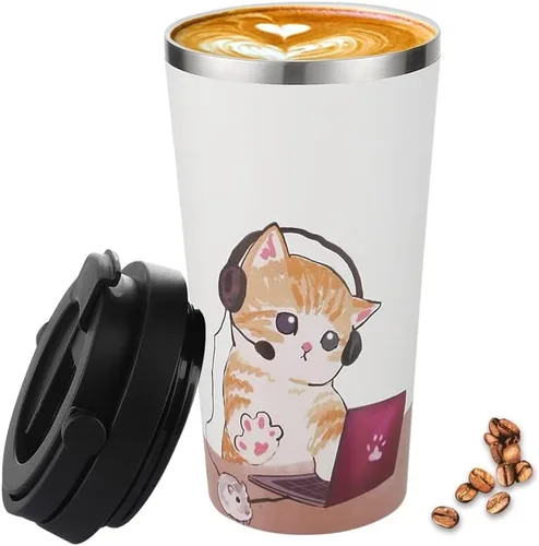 Miniatura 10 de Funkrin Taza de café aislada con revestimiento de cerámica, taza de café helado de 16 onzas con tapa abatible y asa, taza de viaje a prueba de fugas