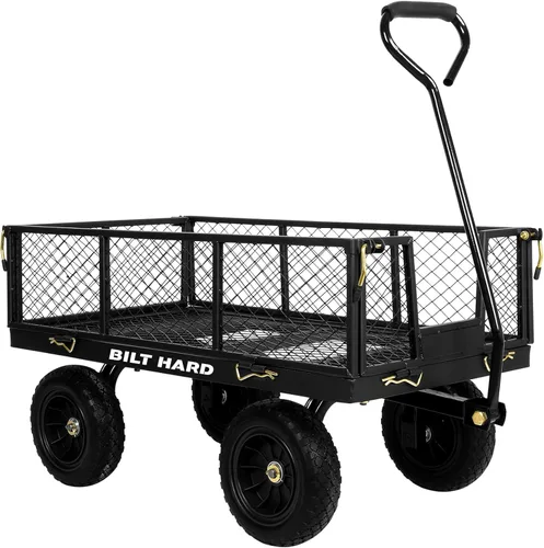 BILT HARD Carrito de jardín de acero con neumáticos de 10 pulgadas de 880 libras con mango giratorio de 180° y lados extraíbles, carrito de jardín y