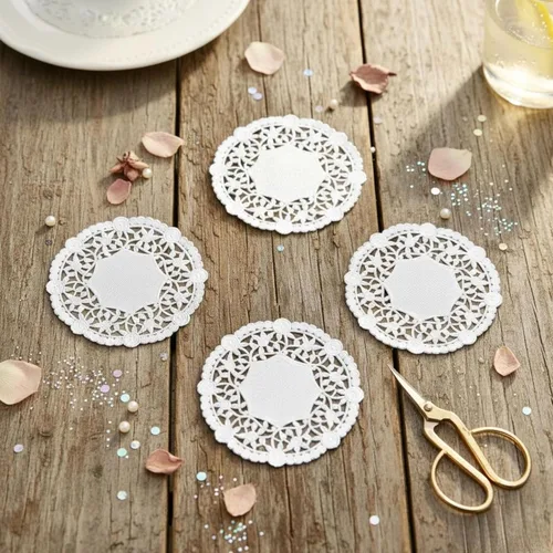 Miniatura 7 de Tapones redondos de papel de encaje de 4 pulgadas – Paquete de 50 tapices decorativos desechables para postres, pasteles, aperitivos, bodas y fiestas