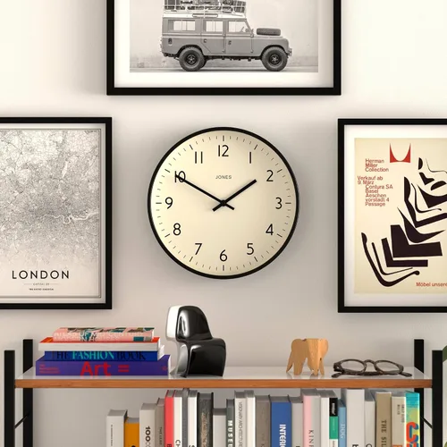Miniatura 2 de JONES CLOCKS® Reloj de pared de estudio Estilo redondo moderno 12 pulgadas Negro Números fáciles de leer Diseño versátil para cocina, sala