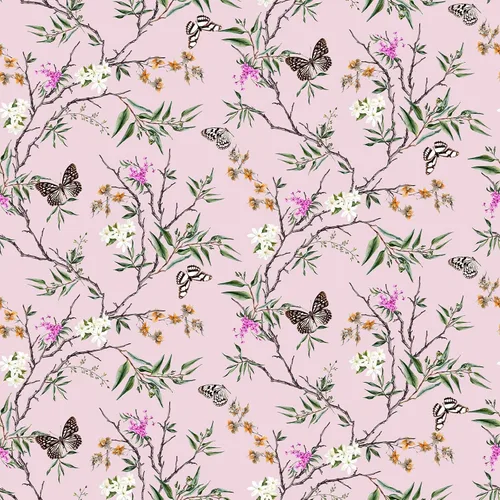 VEELIKE Papel tapiz de estilo chinoiserie rosa con diseño de mariposas para dormitorio, habitación de niñas, 17.7 x 118 pulgadas, papel de contacto