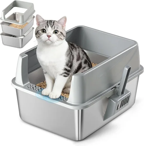 Miniatura 7 de Caja de Arena Tamizadora de Acero Inoxidable para Pellets de Pino, Caja de Arena para Gatos con Tamiz, Lado Alto para Gatos Pequeños, Anti-Fugas