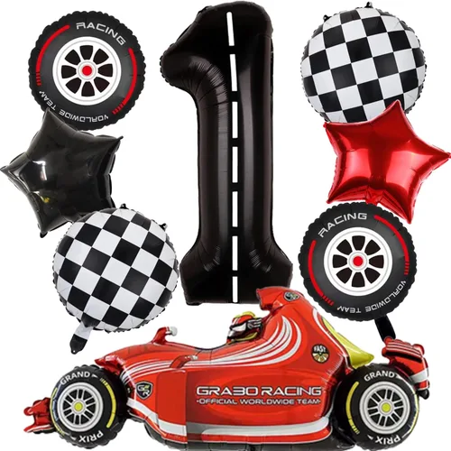 Decoración de fiesta de primer cumpleaños de coche de carreras con neumáticos rojos inflables vintage, estrellas a cuadros, número 1, globos para