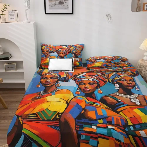 Miniatura 2 de Sábanas de mujer africana, tamaño matrimonial, sábanas tribales, sábanas y fundas de almohada estampadas de 4 piezas, sábana bajera ajustable