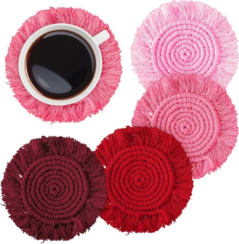 Miniatura 11 de Whaline Juego de 4 posavasos de macramé bohemios tejidos hechos a mano para bebidas, tapete bohemio con borla para tipos de tazas y tazas, café