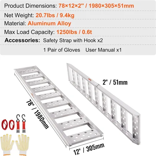 Miniatura 5 de VEVOR Rampas de aluminio, 1250 libras, rampa recta con peldaños y correas de carga, rampa de carga portátil para motocicletas, cuatrimotos