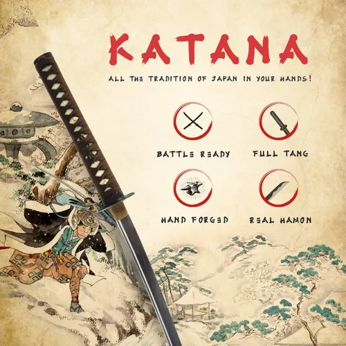 Miniatura 2 de HMS Samurai Katana Sword, Practical, Hand Forged, 1045 Carbon Steel, Heat Tempered/Clay Tempered, Full Tang, Sharp, Scabbard Katana 842