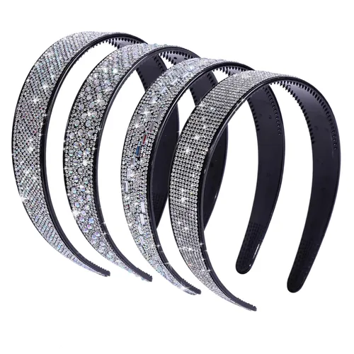 Miniatura 16 de Diademas con pedrería para mujeres y niñas, 4 piezas de diadema brillante de cristal antideslizante, diadema de cabello de pedrería sólida