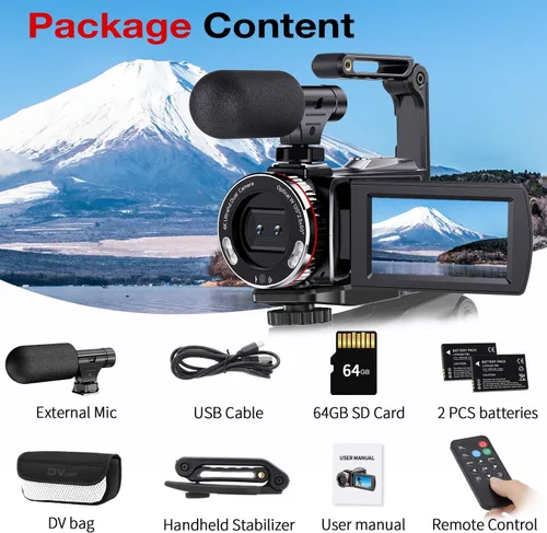 Miniatura 8 de Videocámara digital 4K, cámara dual de 64MP UHD Vlogging para YouTube, zoom digital 21X, cámara de vlog con micrófono externo, estabilizador