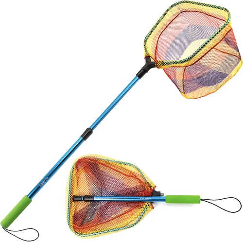 Miniatura 9 de YVLEEN Red de pesca para niños para lagos, redes de minnow para niños, mango telescópico plegable de aluminio para caña de pescar y malla de nailon