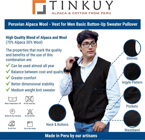 Miniatura 4 de TINKUY Chaleco peruano de lana de alpaca con cuello en V para hombre, S-4XL