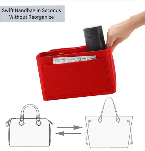 Miniatura 4 de Organizador de bolsas de fieltro compatible con Speedy, Neverfull, organizador de bolsos de alta calidad con bolsillos con cremallera (M, rojo)