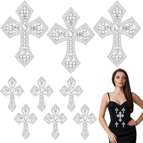 Miniatura 8 de Suncalla 6 parches de cruz de diamantes de imitación plateados con apliques de cristal para planchar en la ropa, parches para ropa, bolsos, Plata