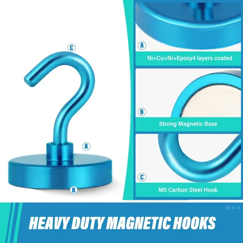 Miniatura 5 de NEOSMUK - Ganchos magnéticos de alta resistencia con imán de neodimio extrafuerte para colgar en refrigerador, caja de herramientas, crucero o Azul