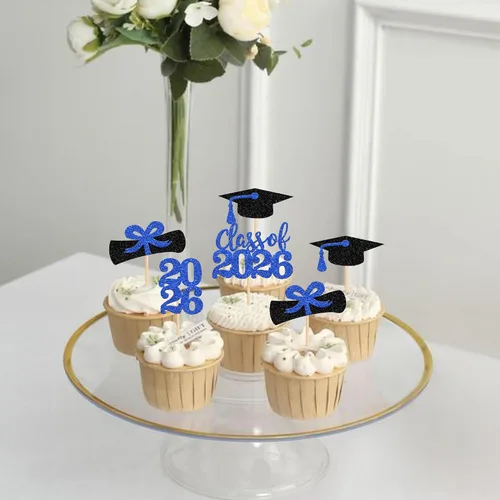 Miniatura 4 de 36 piezas 2026 decoraciones temáticas de graduación 2026 con purpurina para la clase de 2026 para graduación, diploma de graduación 2026, Azul