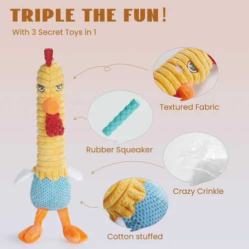 Miniatura 5 de Nocciola Juguetes para perros 3 en 1 Rasga y Revela Pollo, Juguetes Sorpresa en el Interior - Juguetes de Peluche Chirriantes y Arrugados