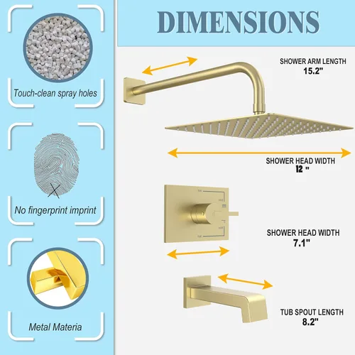 Miniatura 7 de SOOOHOT Juego de accesorios de ducha de oro cepillado, juego de grifo de bañera y ducha con cabezal de ducha dorado de 12 pulgadas y boquilla