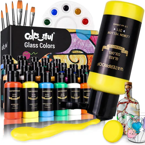 Miniatura 9 de Juego de Pintura para Vidrio de Colores de Colorful con 6 Pinceles, 1 Paleta y 1 Esponja, Kit de Pintura de Vidrio Permanente Impermeable de 14
