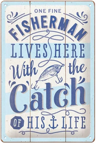 Nostalgic-Art Cartel de hojalata retro, 7.9" x 11.8", Fisherman Catch (0.011 in) – Idea de regalo para los aficionados a la pesca, hecho de metal,