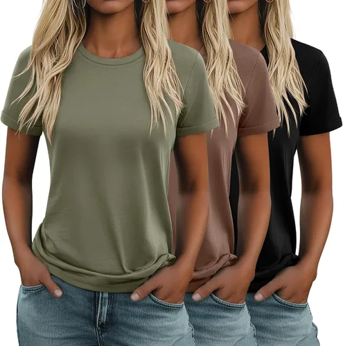 Miniatura 13 de Huukeay Paquete de 3 camisetas de algodón para mujer, estilo casual, de manga corta, cuello redondo, ajuste holgado, básica, lisa