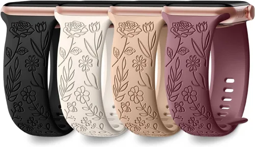 DaQin Paquete de 4 correas florales grabadas compatibles con Apple Watch para mujeres de 40mm 41mm 42mm 44mm 45mm 46mm 38mm 49mm, correa de silicona