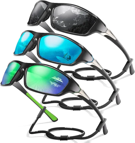 Miniatura 26 de Paquete de 3 lentes de sol deportivos polarizados para hombres, gafas de sol masculinas envolventes con protección UV para ciclismo, pesca