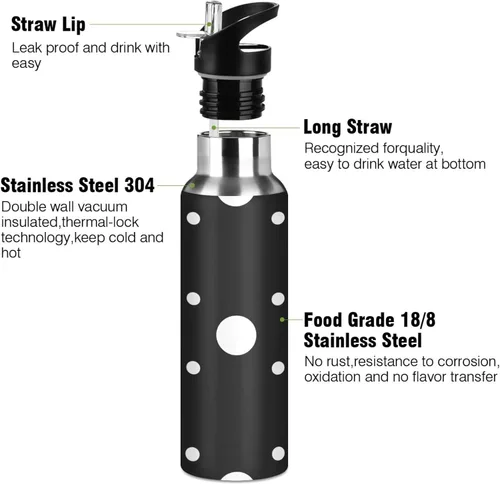 Miniatura 3 de White Polka Dots Black Insulated Water Bottle 20 Oz Leakproof Water Bottles, BPA-Free Sports Water Bottle with Straw