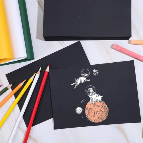 Miniatura 4 de Crtiin 100 hojas de papel de dibujo negro pesado 150 GSM, 100 libras, papel de dibujo para lápices de colores, pastel al óleo, carbón, bolígrafo